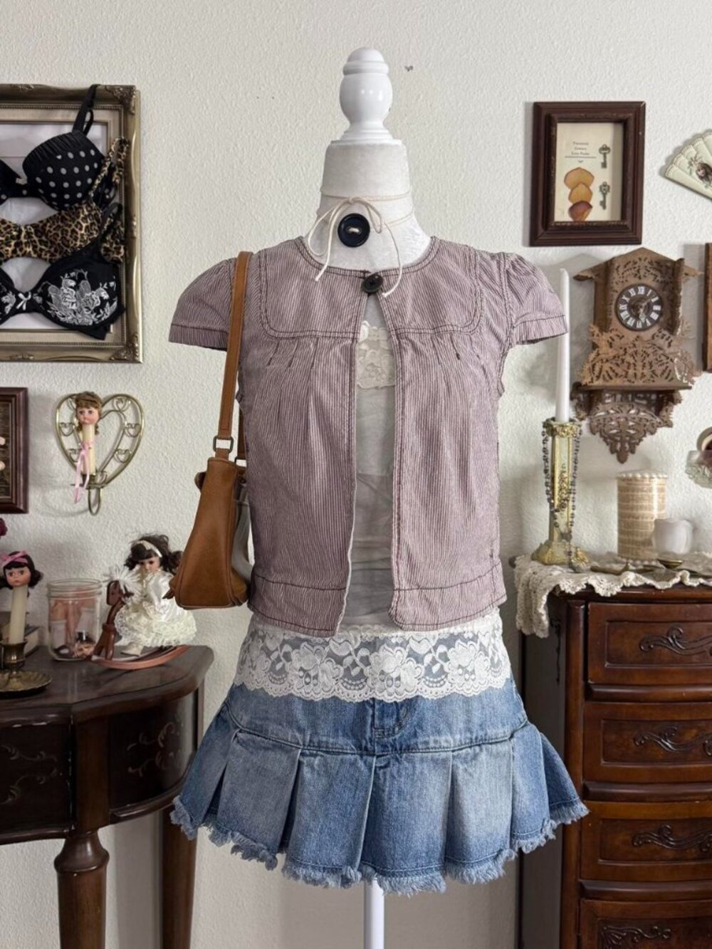 Y2k quirky preppy twee girly grunge striped cropped babydoll jacket w cap sleeve